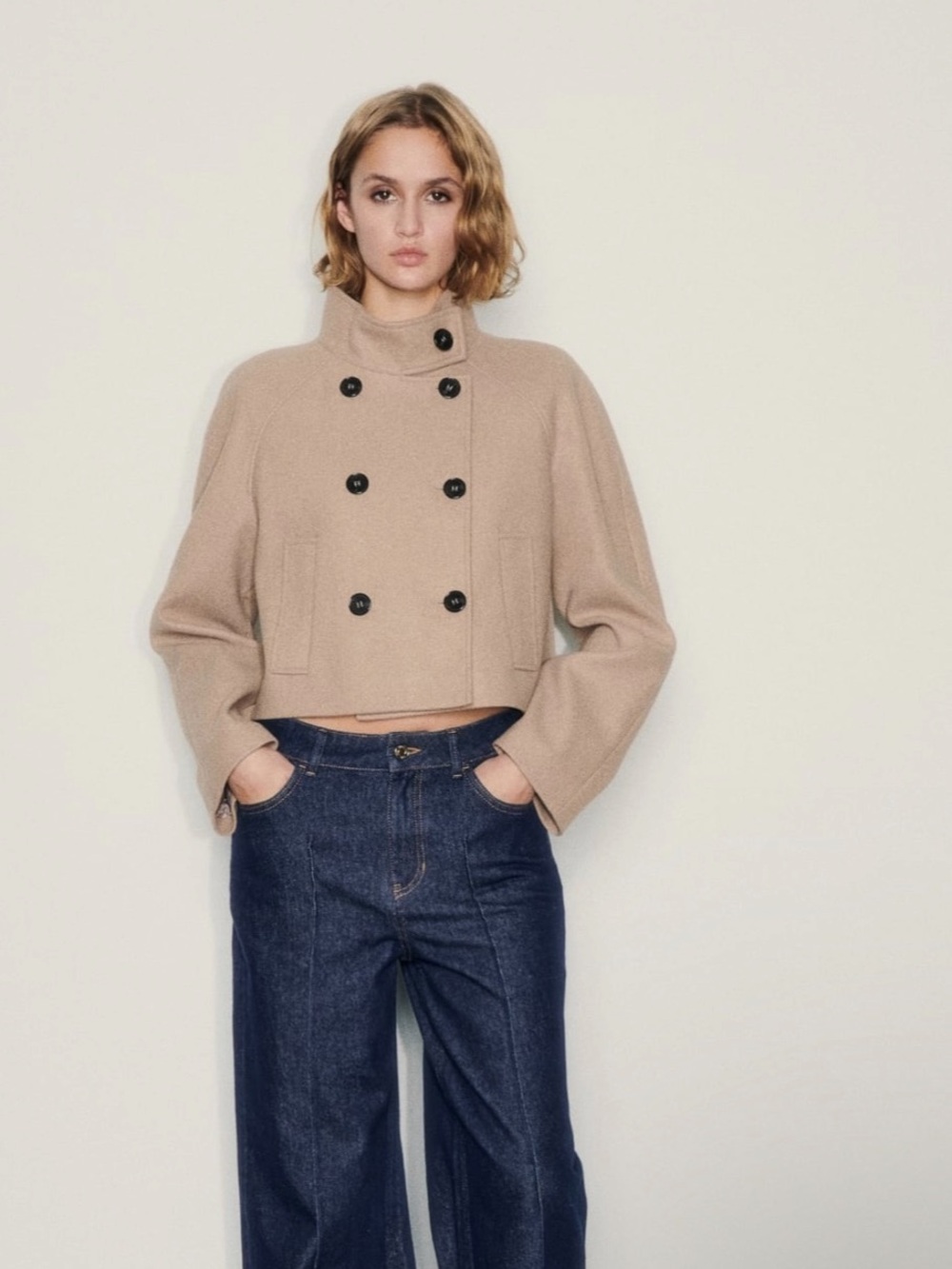 ZARA Camel Double-Breasted Short Pea Coat